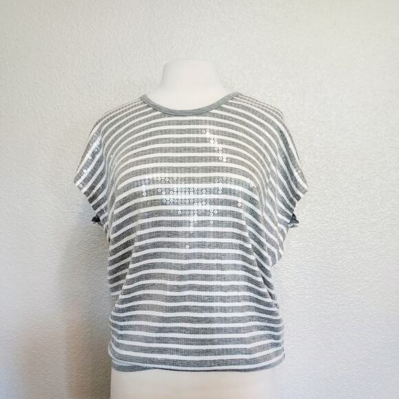 Michael Kors Gray & White Striped Blouse w/Sequins - Picture 1 of 12